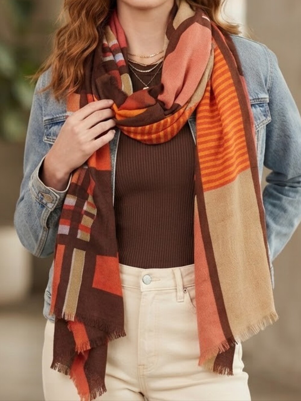 Jessica Simpson - Lightweight Scarf Frayed Eyelash | Earthy Orange, Coral, Brown